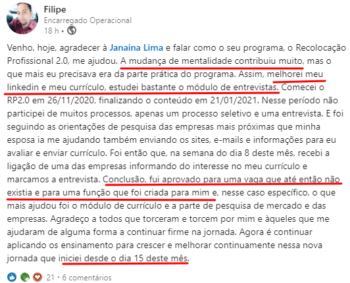 Filipe – Aluno do programa Recolocação Profissional 2.0! Aprovado para uma vaga que nem existia e para um cargo que foi criado para ele. :)